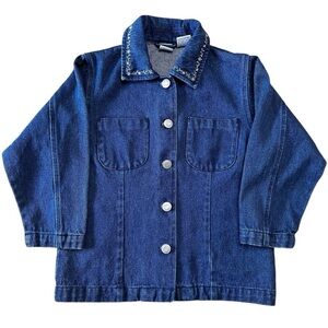 VTG Cherokee Denim Floral Embroidered Collar Cottagecore Button Down Jacket XS